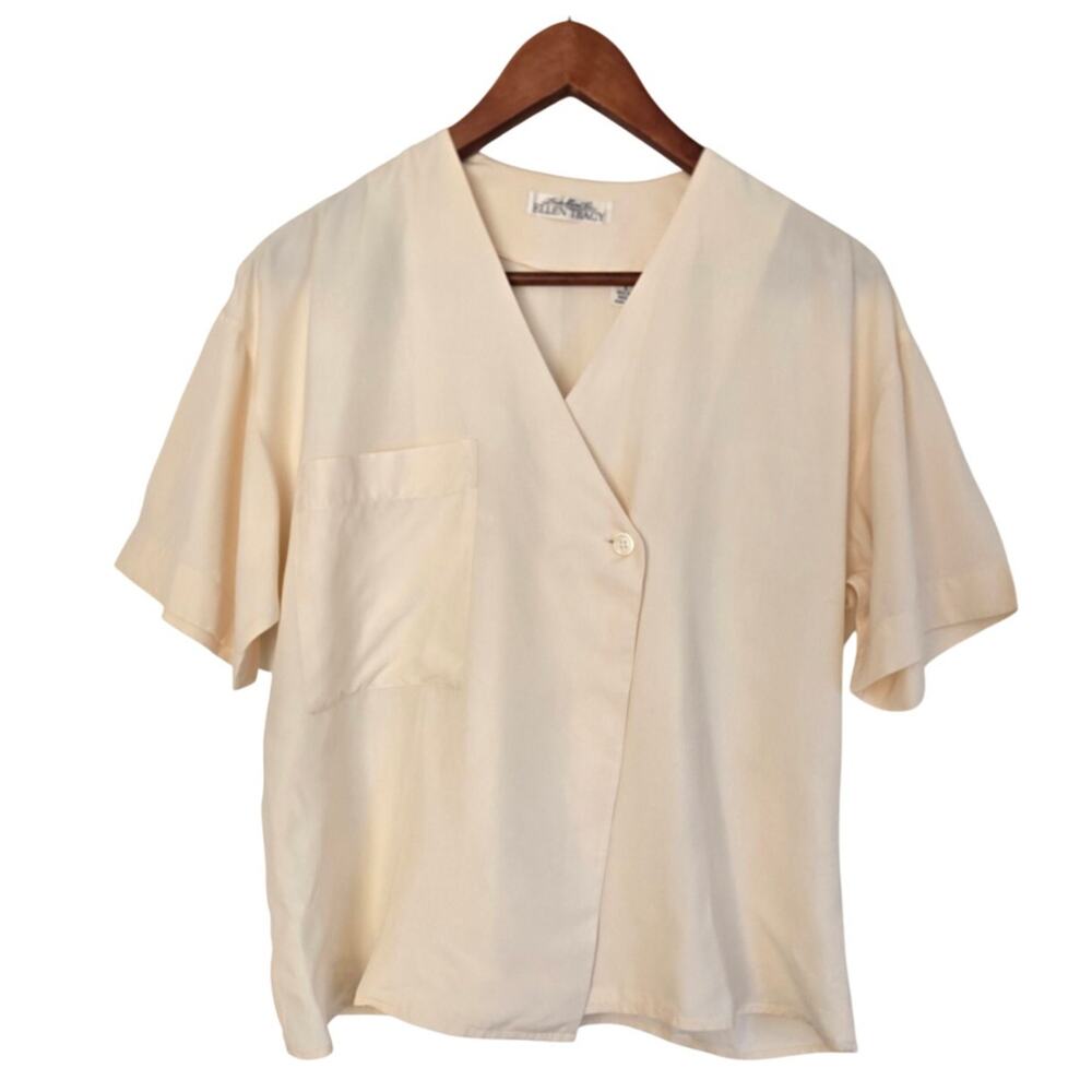 Vintage Office Siren Quiet Luxury Cream 100% Soft Silk Petite Wrap Blouse 6P
